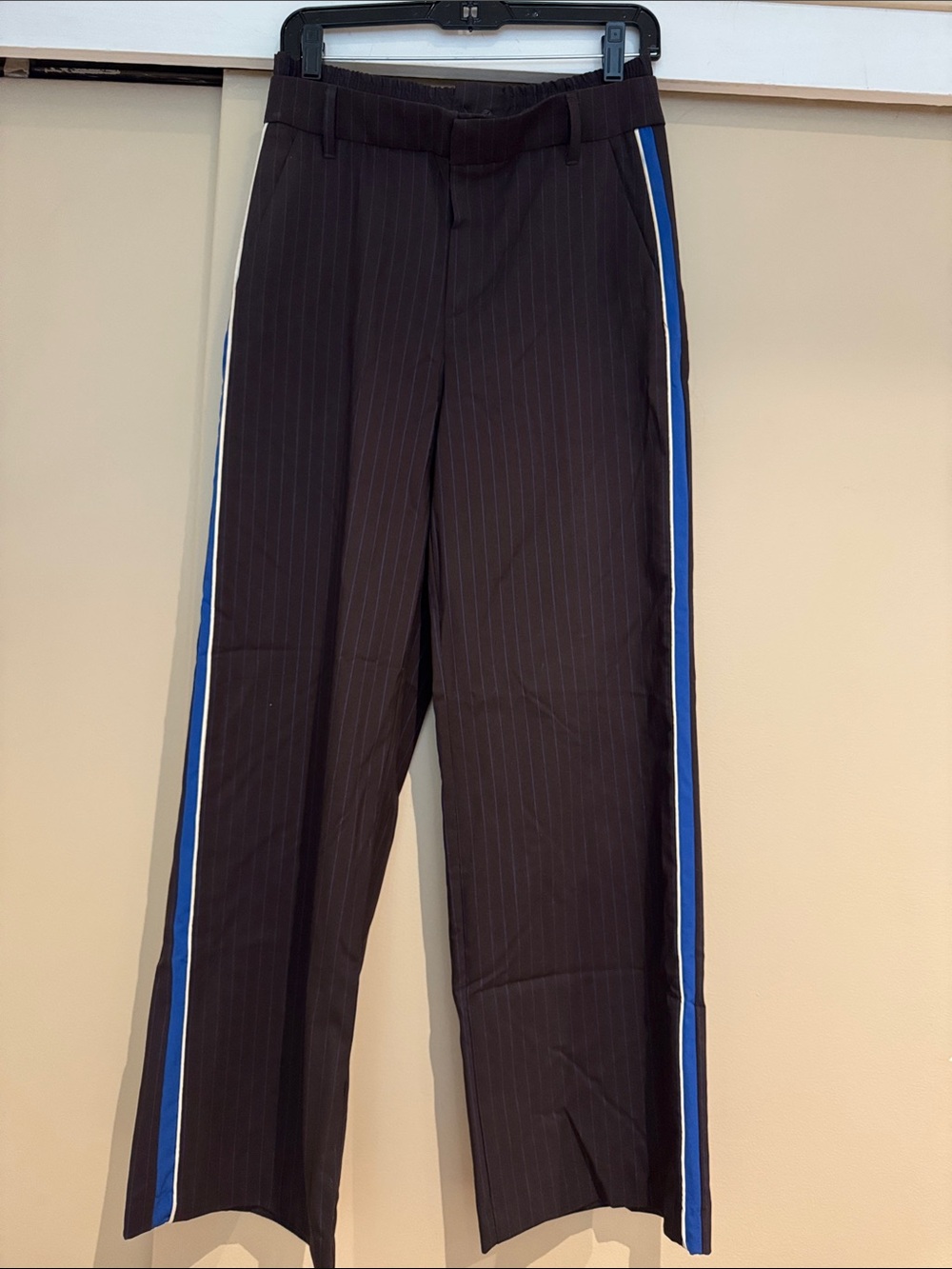 Zara Brown Pinstripe Trousers with white & blue side stripes